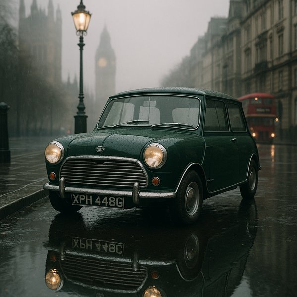 Mini londonien sous la pluie — Vert classique dans une rue brumeuse