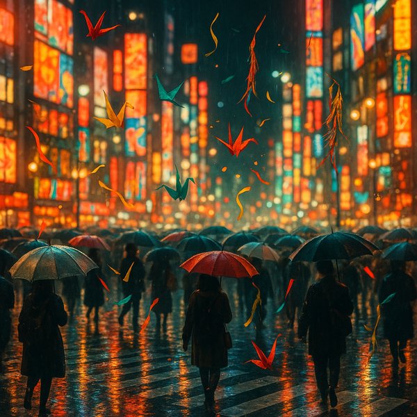 Rainy Night at Shibuya — Cranes in the Neon Storm