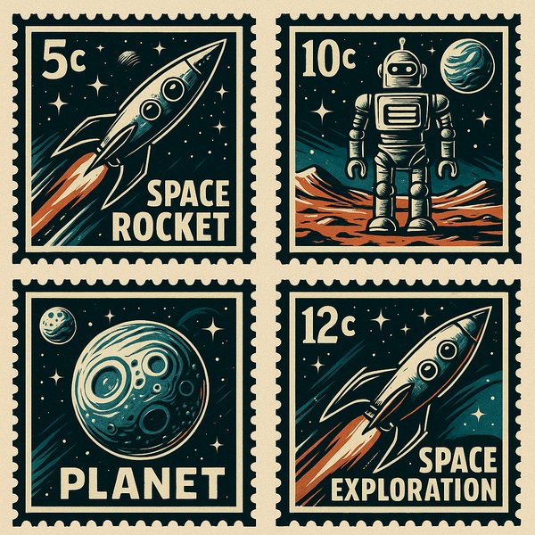 Retro Sci‑Fi Stamp Set — Rockets, Robots & Planets