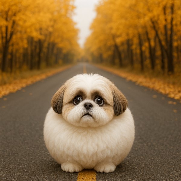Round Shih Tzu on a Golden Autumn Road