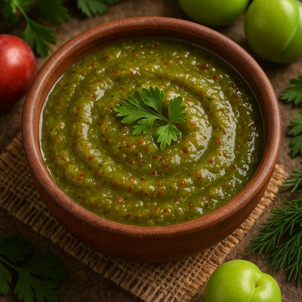 Rustic Georgian Tkemali Sauce in Clay Bowl