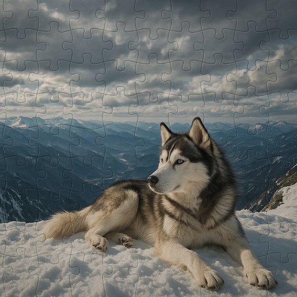 Siberian Husky on a Snowy Mountain Peak (Puzzle Image)