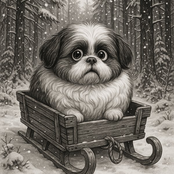 Snowbound Pompom: A Shih Tzu in a Wooden Sled