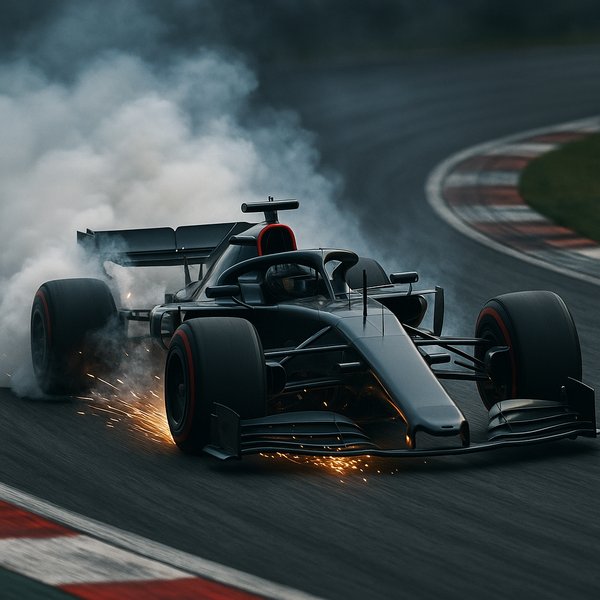 Sparks and Smoke: F1 Car Sliding Through a Curve