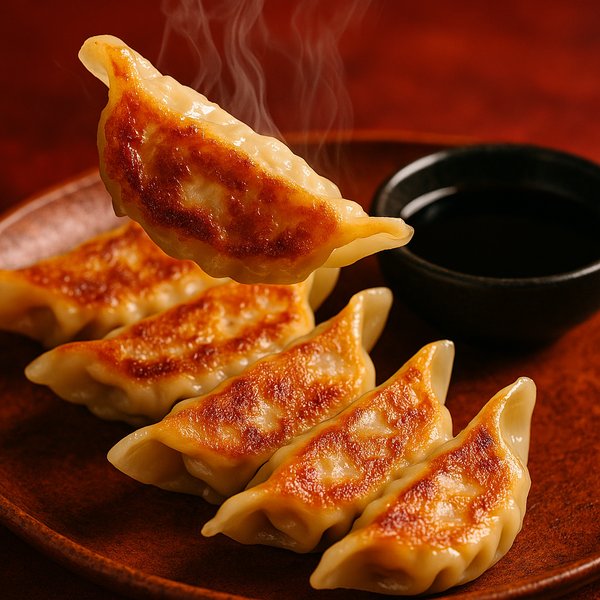 Steaming Pan-Fried Gyoza with Soy Dipping Sauce