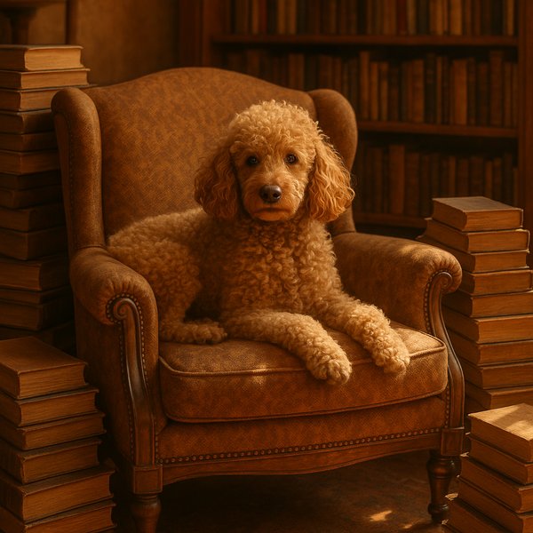 Study Companion: Curly Poodle in a Sunlit Library