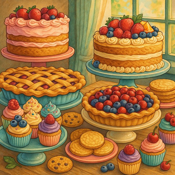 Sunlit Dessert Table: Cakes, Pies & Cupcakes
