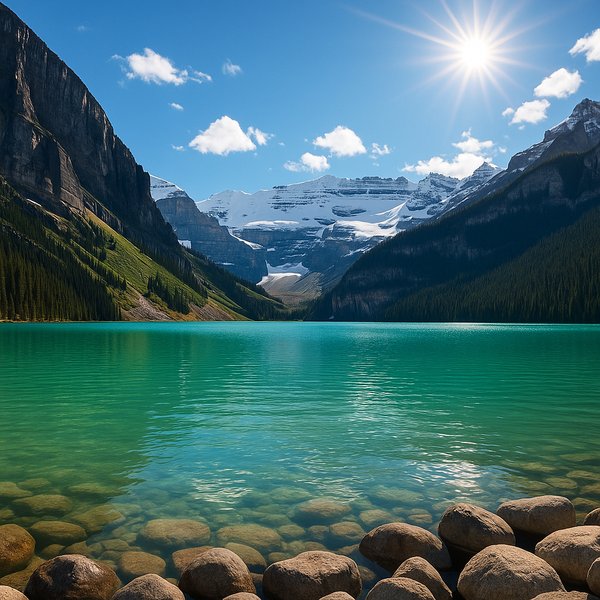 Sunlit Lake Louise — Emerald Waters and Snowy Peaks
