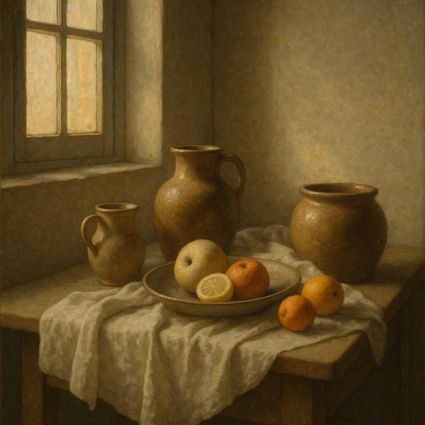 Sunlit Still Life with Pottery and Fruit