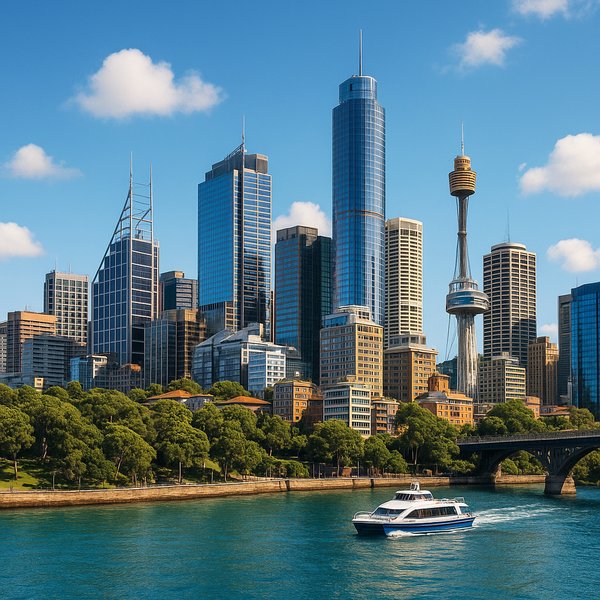 Sydney Waterfront Skyline with Harbor Ferry