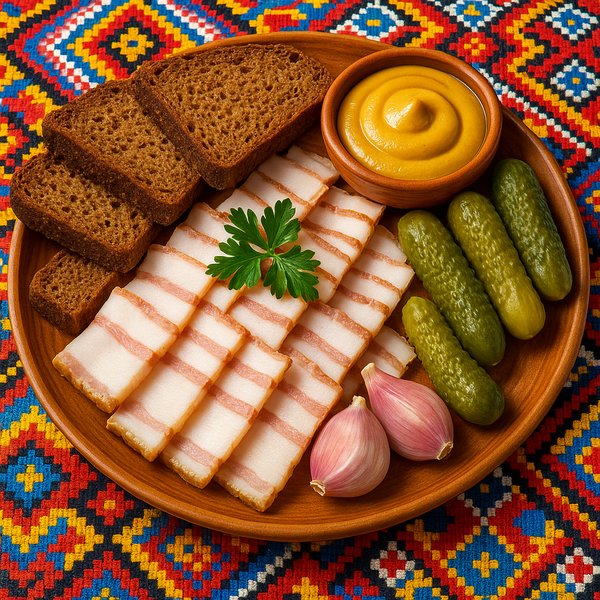 Traditional Ukrainian Salo Platter with Rye Bread and Pickles