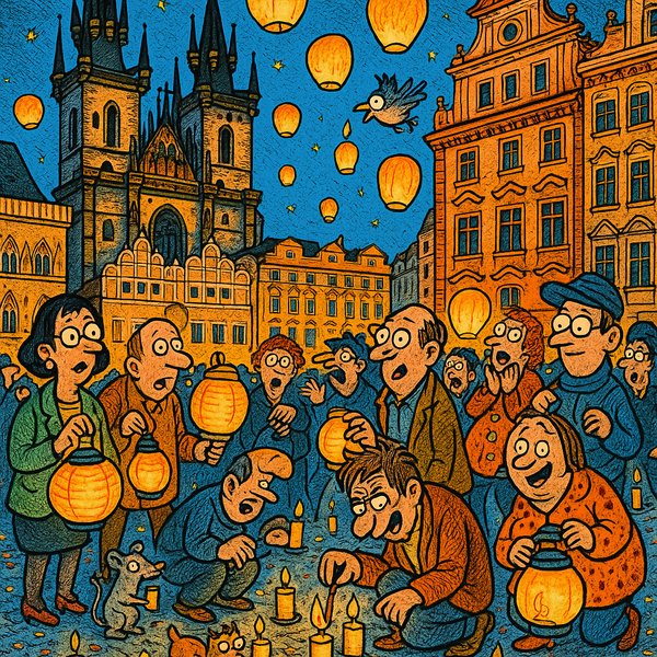 Twilight Lantern Vigil in Old Town Square (Comic-Style)