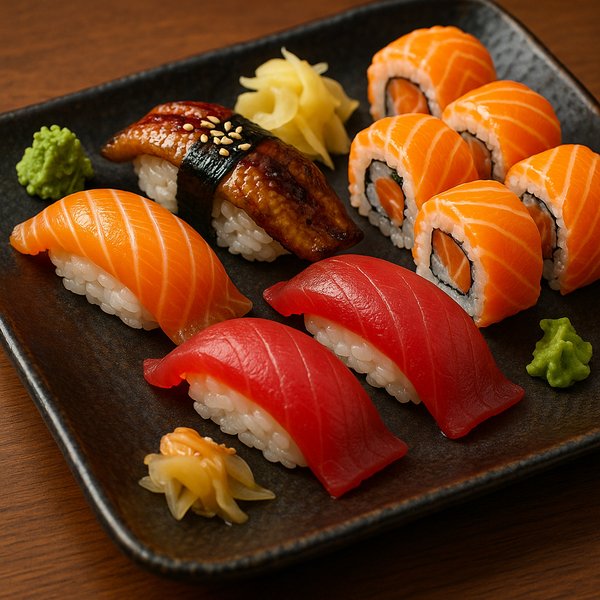 Vibrant Sushi Assortment — Salmon, Tuna & Unagi on Elegant Plate