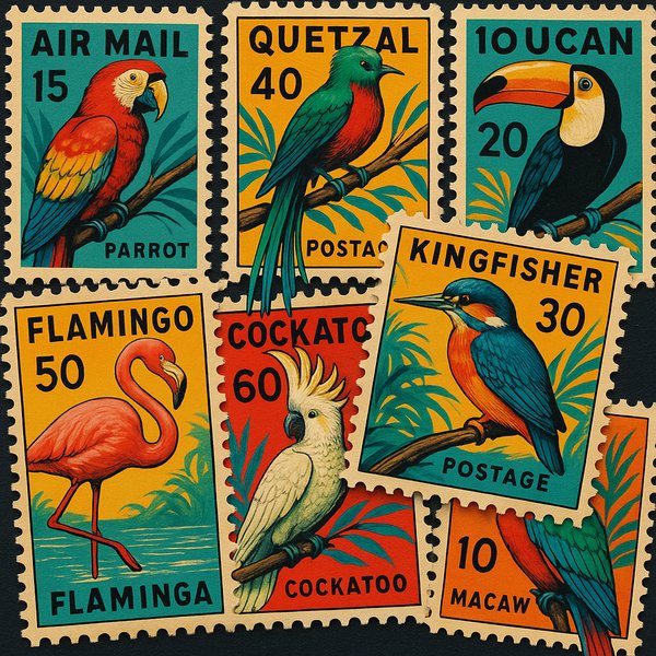 Vibrant Vintage Airmail Stamps — Tropical Birds Collage