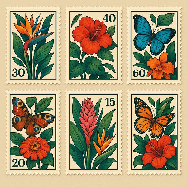 Vintage Botanical Stamp Set — Exotic Flowers & Butterflies