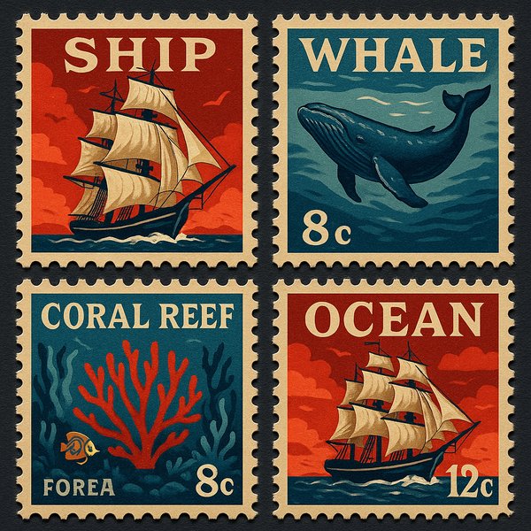 Vintage Ocean-Themed Stamps — Ships, Whale & Coral Reef
