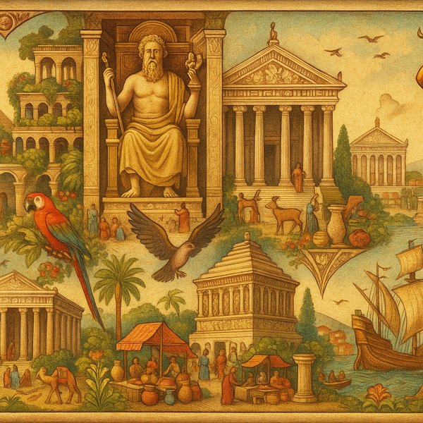 Vintage Panoramic Collage of the Seven Wonders