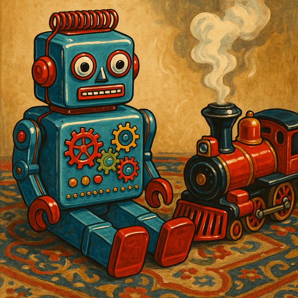 Vintage Tin Robot and Steam Train on Patterned Rug