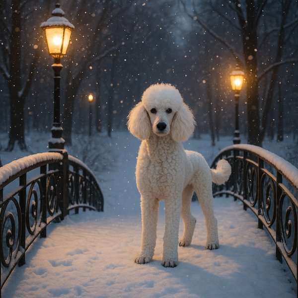 Winter Evening Poodle on a Snowy Bridge