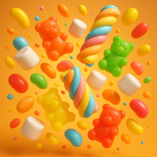 3D Candy Explosion — Floating Gummies & Marshmallows