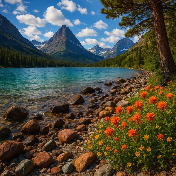 Alpine Lake at Golden Hour — Wildflowers and Peaks