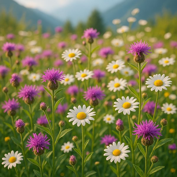 Alpine Meadow: Knapweed and Daisies at Golden Hour