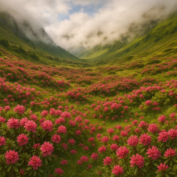 Alpine Valley of Pink Rhododendrons