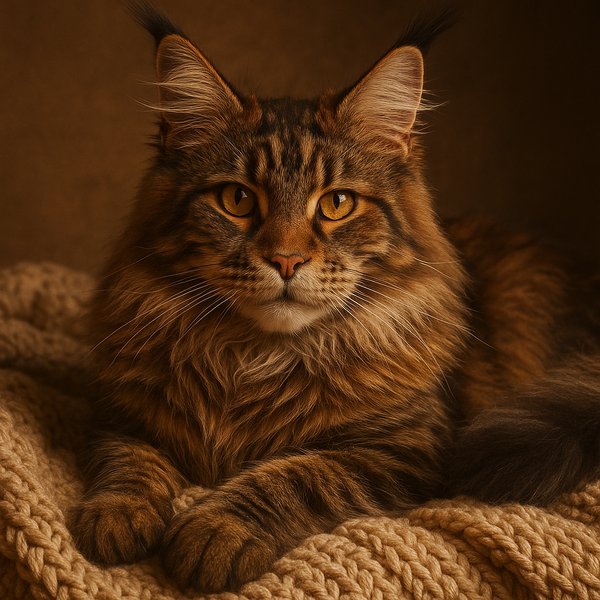 Amber Gaze: Maine Coon on a Knitted Blanket