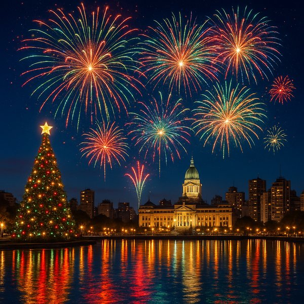 Argentinian Christmas Fireworks Over City Skyline