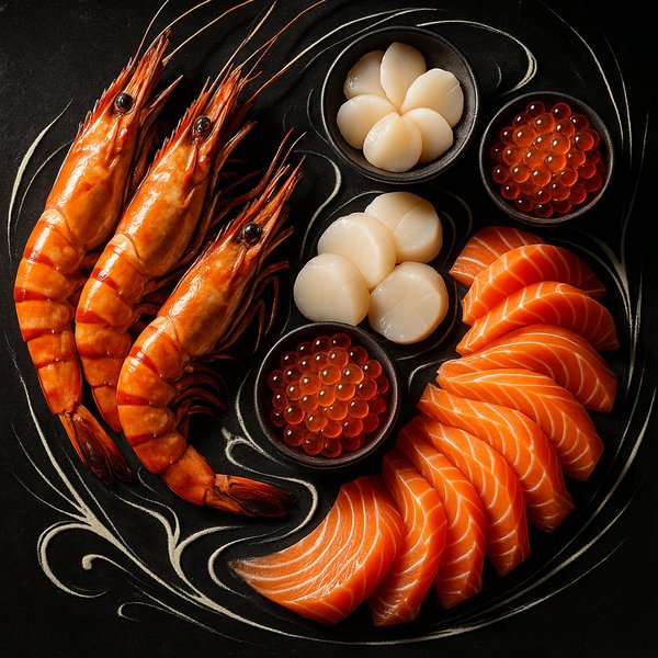 Artful Seafood Platter: Tiger Prawns, Scallop Petals & Salmon Sashimi