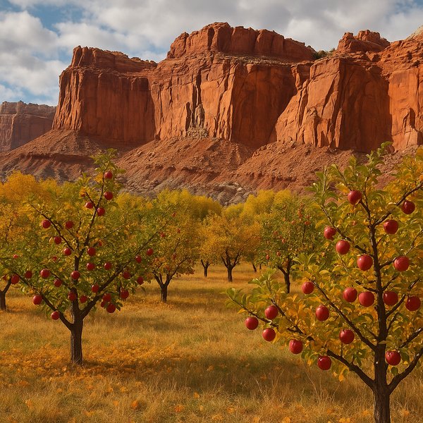 Autumn Orchard and Red Cliffs — Capitol Reef