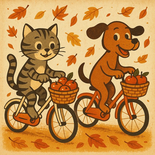 Autumn Ride: Cat & Dog with Apple Baskets (Vintage Cartoon)