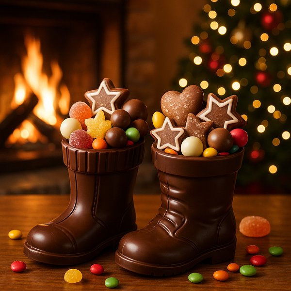 Belgian Chocolate Boots Filled with Sweets — Cozy Christmas Fireplace