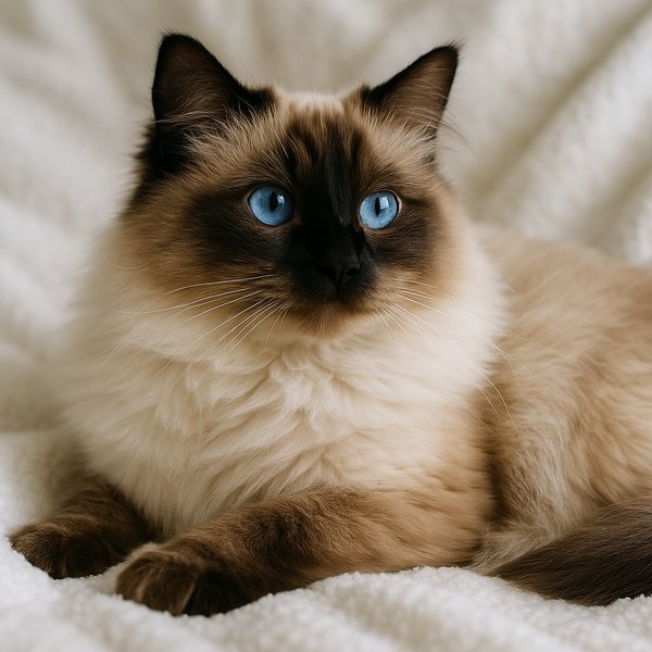 Blue-Eyed Ragdoll on Soft White Blanket