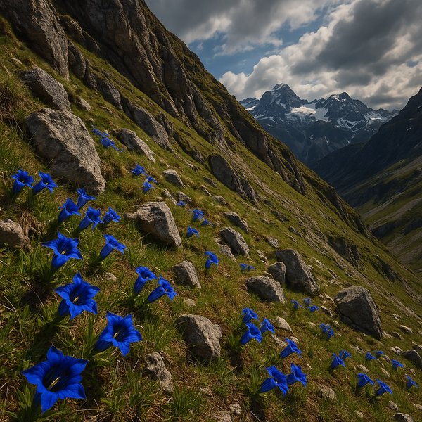 Blue Gentians on a Dramatic Alpine Slope