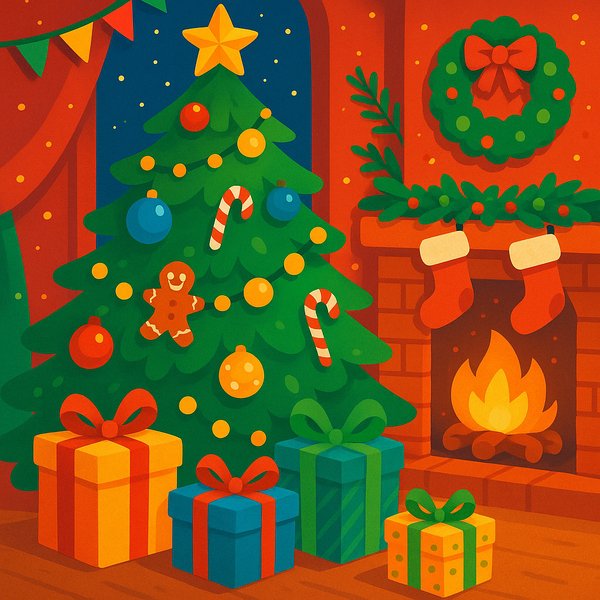 Bright Holiday Hearth — Festive Christmas Tree and Gifts