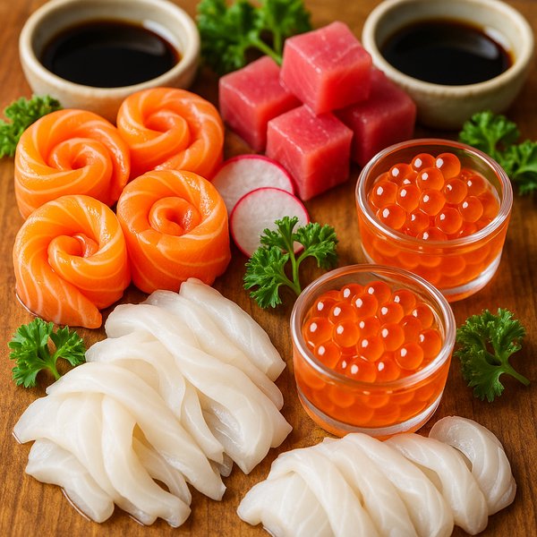 Bright Seafood Board with Salmon Roses & Ikura Shots