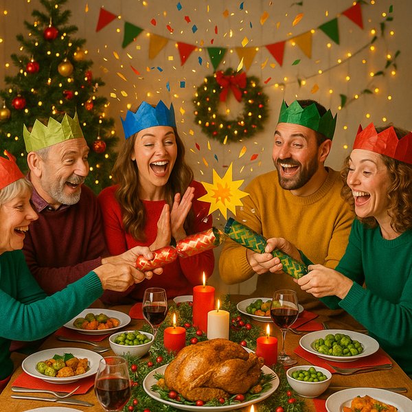 British Christmas Crackers and Festive Dinner Celebration