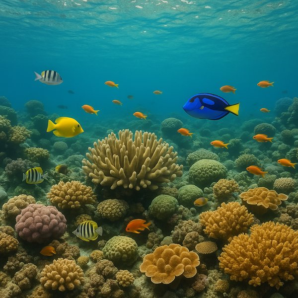 Calm Coral Reef Panorama at Shallow Turquoise Depths