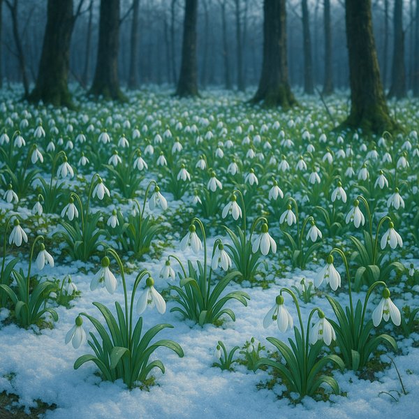 Carpet of Snowdrops in a Quiet Forest