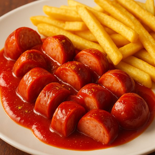 Classic Currywurst with Fries — Glossy Curry Ketchup Close-Up