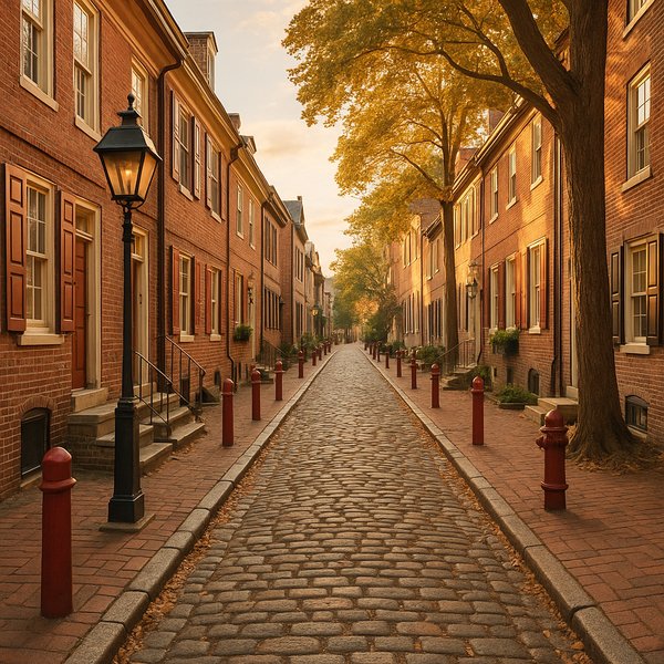 Cobblestone Lane in Philadelphia's Old City at Golden Hour