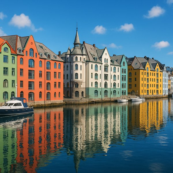 Colorful Art Nouveau Facades Along Ålesund Harbor