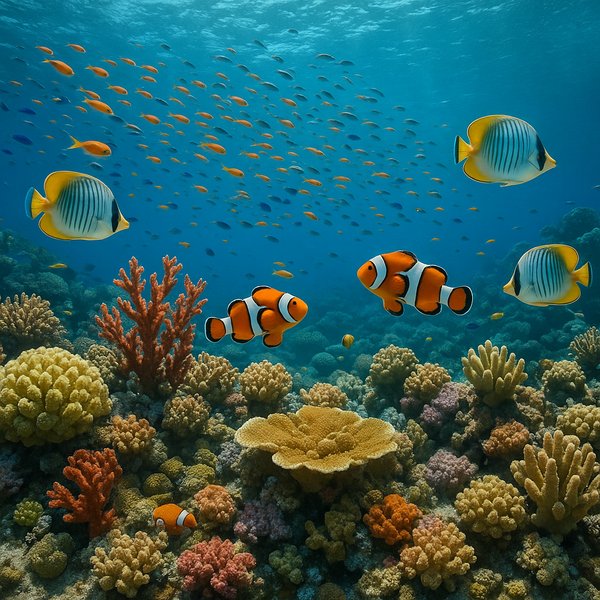Coral Garden Panorama with Clownfish and Butterflyfish
