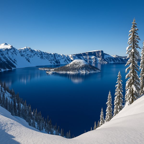 Crater Lake in Winter — Deep Blue Caldera Under a Clear Sky