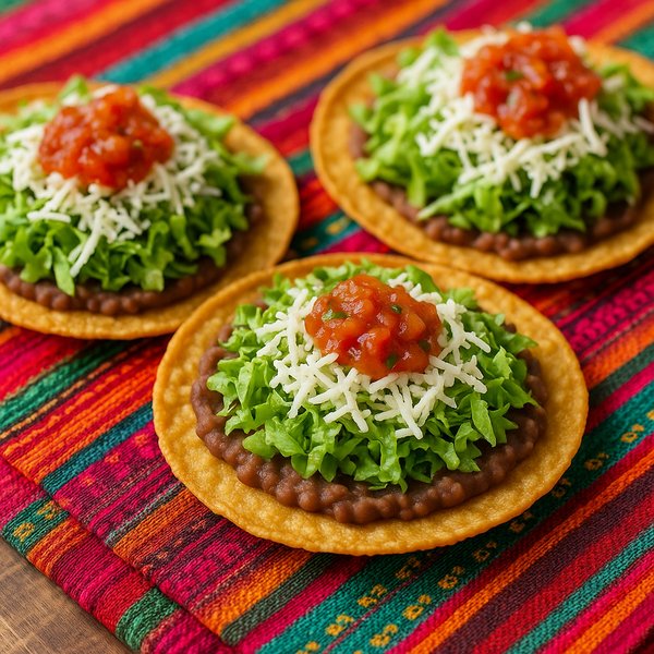 Crispy Tostadas with Refried Beans, Lettuce, Cheese & Salsa