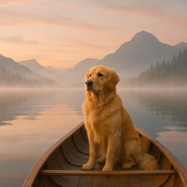 Dawn Companion: Golden Retriever in a Canoe