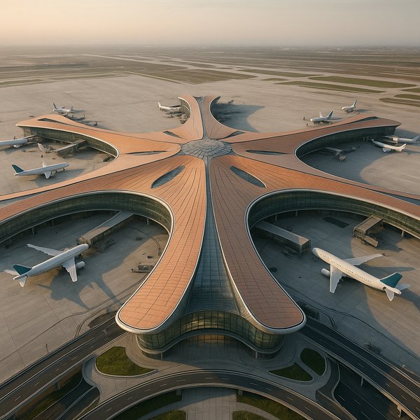 Daxing Starfish: Aerial View of Futuristic Terminal in Soft Daylight