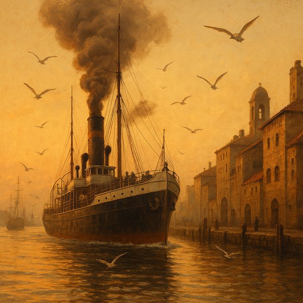 Departure at Dusk — Vintage Steamship