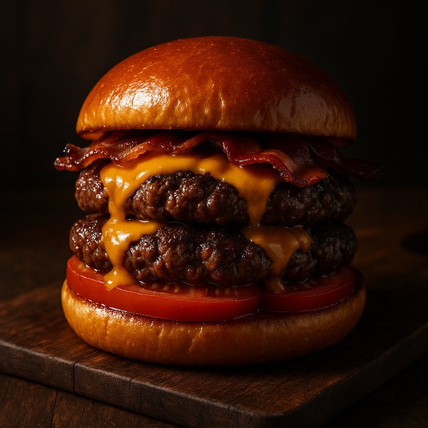 Double Wagyu Cheddar Bacon Burger on Brioche Board